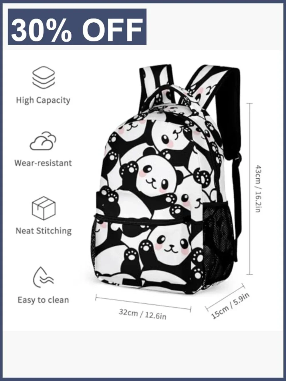 Kids Panda Backpack 17in Bookbag Nylon Tear-resistant Structured